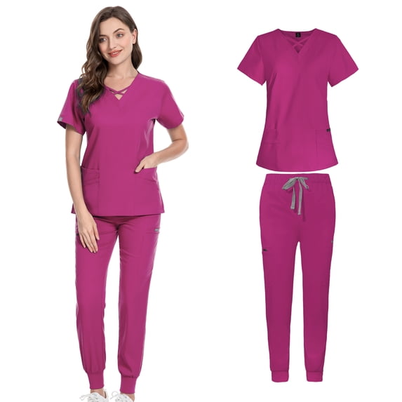 VIAOLI Scrubs Set for Women Nurse Uniform Jogger Set Stretch Top & Pants with Multi Pocket for Nurse Workwear