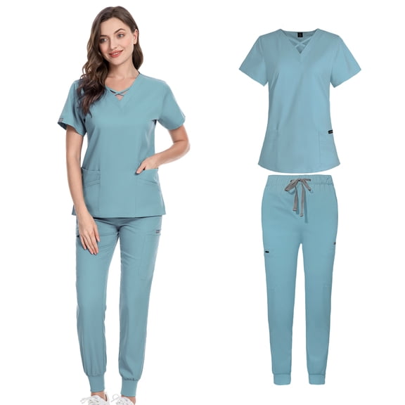 VIAOLI Scrubs Set for Women Nurse Uniform Jogger Set Stretch Top & Pants with Multi Pocket for Nurse Workwear