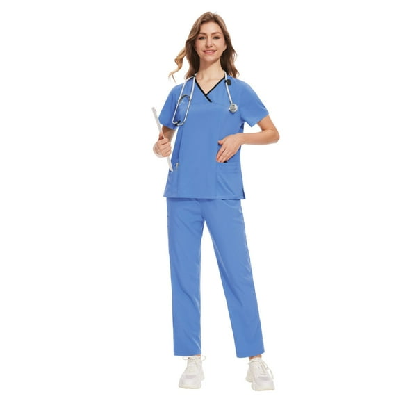 Scrubs Sets for Women - Stretch V-Neck Top & Drawstring Pants Medical Uniform, 10 Colors