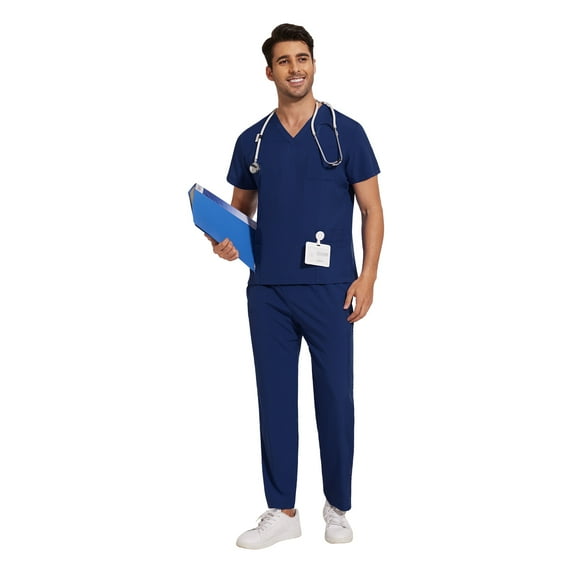 VIAOLI Scrubs for Men Set – V-Neck Top & Straight Leg Pants Stretch Nursing Uniform Set with Adjustable Waistband and Multiple Pockets, 10 Colors