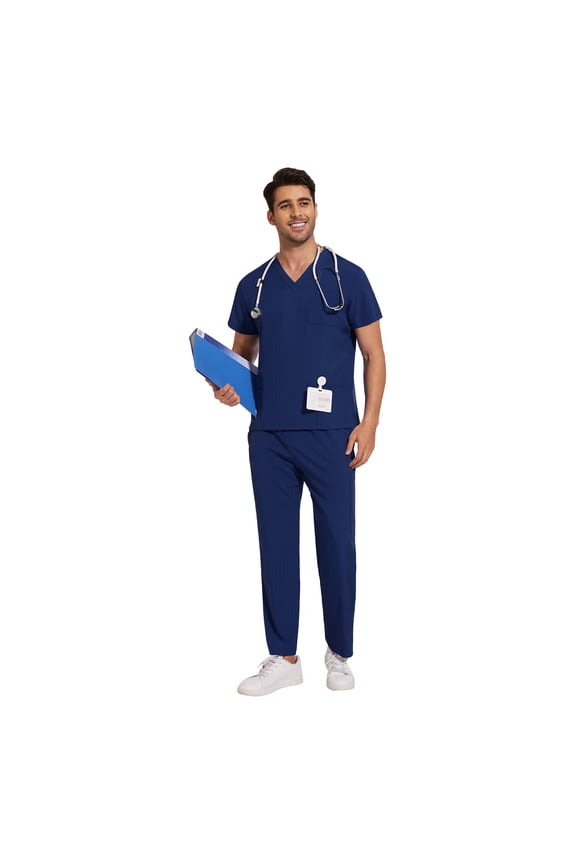 Scrubs for Men Set – V-Neck Top & Straight Leg Pants Stretch Nursing Uniform Set with Adjustable Waistband and Multiple Pockets, 10 Colors