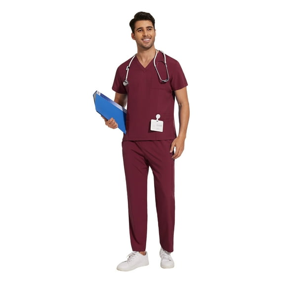 VIAOLI Scrubs for Men Set – V-Neck Top & Straight Leg Pants Stretch Nursing Uniform Set with Adjustable Waistband and Multiple Pockets, 10 Colors