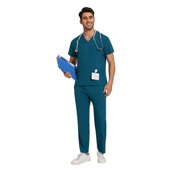 Scrubs for Men Set – V-Neck Top & Straight Leg Pants Stretch Nursing Uniform Set with Adjustable Waistband and Multiple Pockets, 10 Colors