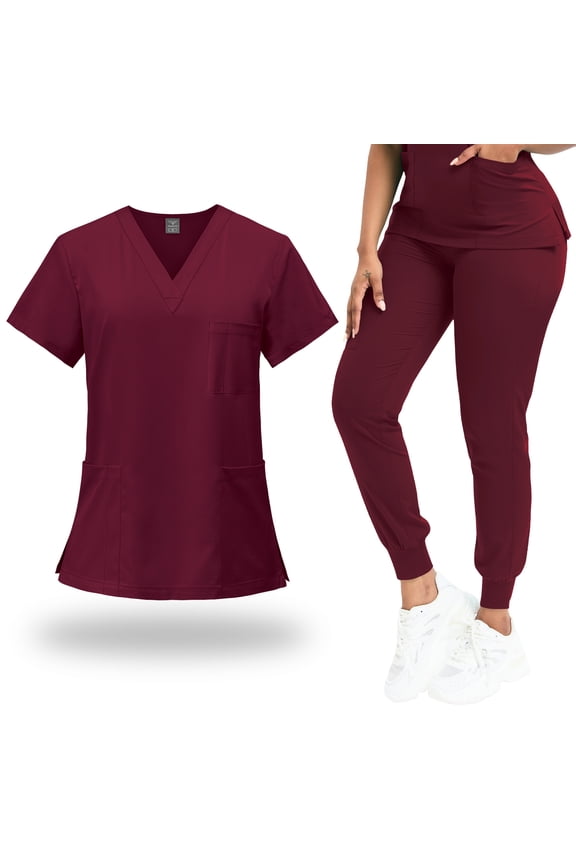 Scrubs for Women Set Classic V-Neck Top and Yoga Jogger Pant Medical Nursing Uniform Scrubs Set