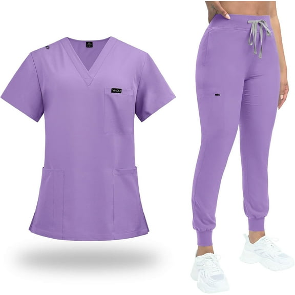 VIAOLI Scrubs for Women Set Classic V-Neck Top and Yoga Jogger Pant Medical Nursing Uniform Scrubs Set Clearance