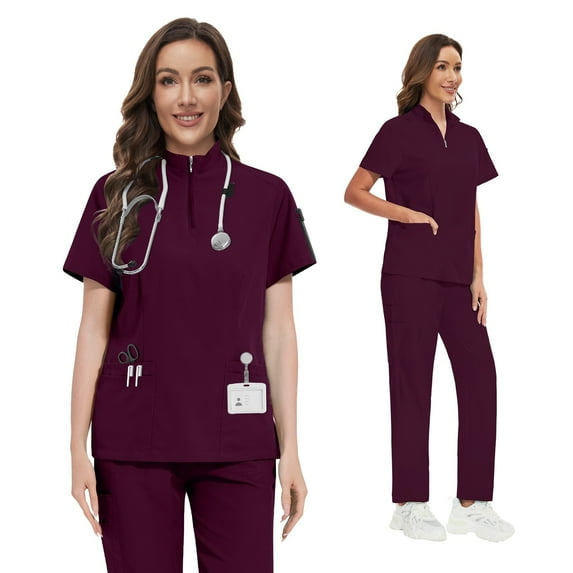 VIAOLI Scrubs for Women Set – Quarter-Zip Top & Slim Straight Scrub Pants, Stretchy Medical Uniform, 10 colors