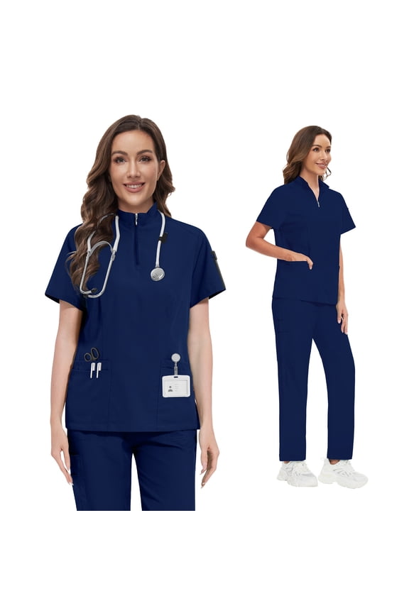 Scrubs for Women Set – Quarter-Zip Top & Slim Straight Scrub Pants, Stretchy Medical Uniform, 10 colors