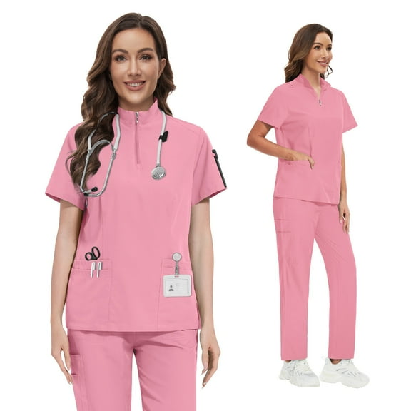 VIAOLI Scrubs for Women Set – Quarter-Zip Top & Slim Straight Scrub Pants, Stretchy Medical Uniform, 10 colors