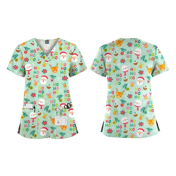 VIAOLI Women's Christmas Print Scrub Top - V-Neck Top with Pockets & Split Hem, 13 Colors