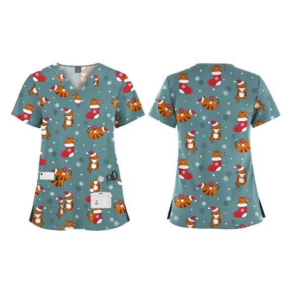 VIAOLI Women's Christmas Print Scrub Top - V-Neck Top with Pockets & Split Hem, 13 Colors