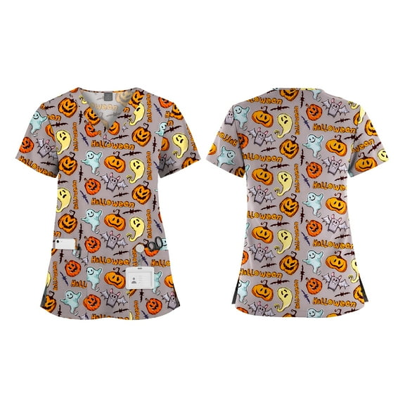 VIAOLI Women's Christmas Print Scrub Top - V-Neck Top with Pockets & Split Hem, 13 Colors