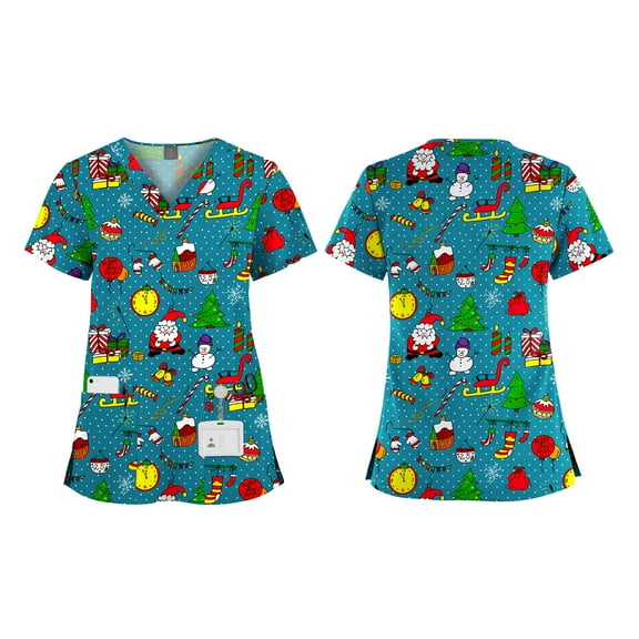 VIAOLI Women's Christmas Print Scrub Top - V-Neck Top with Pockets & Split Hem, 13 Colors