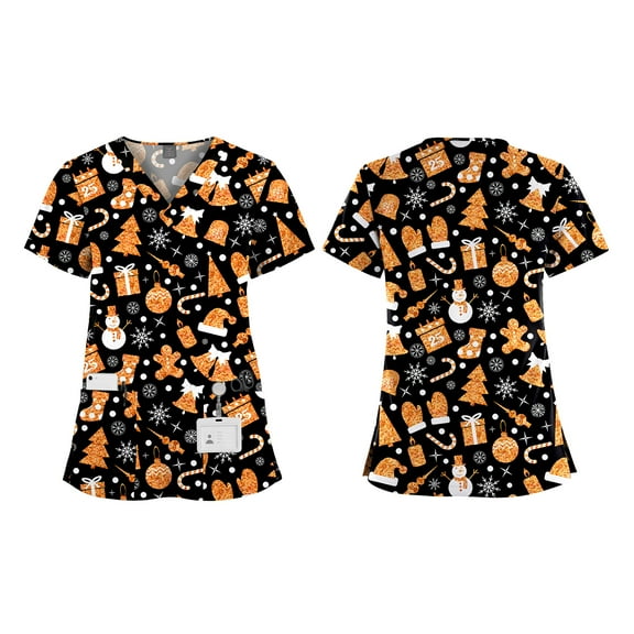 VIAOLI Women's Christmas Print Scrub Top - V-Neck Top with Pockets & Split Hem, 13 Colors