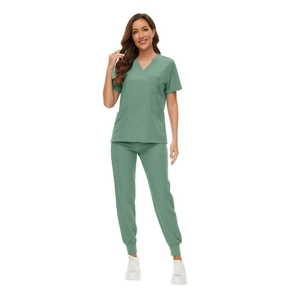VIAOLI Women's Jogger Scrub Set -  Soft Stretch V-Neck Top & Elastic Waist Pants Uniform, 8 Colors