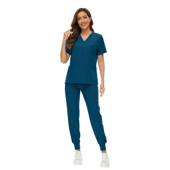 VIAOLI Women's Jogger Scrub Set -  Soft Stretch V-Neck Top & Elastic Waist Pants Uniform, 8 Colors