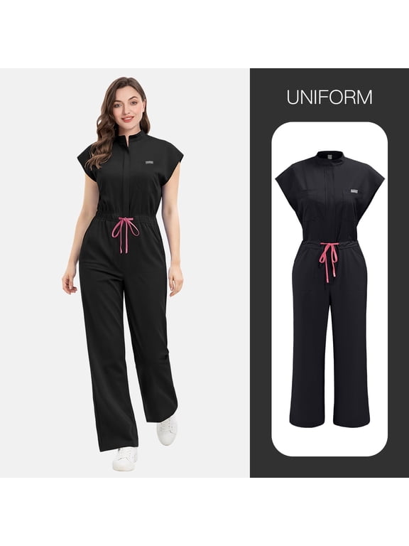 Women's Scrub Jumpsuit - Mandarin Collar & Adjustable Drawstring Waist, Comfortable Nursing Uniform