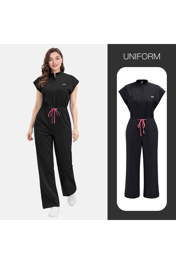 Women's Scrub Jumpsuit - Mandarin Collar & Adjustable Drawstring Waist, Comfortable Nursing Uniform