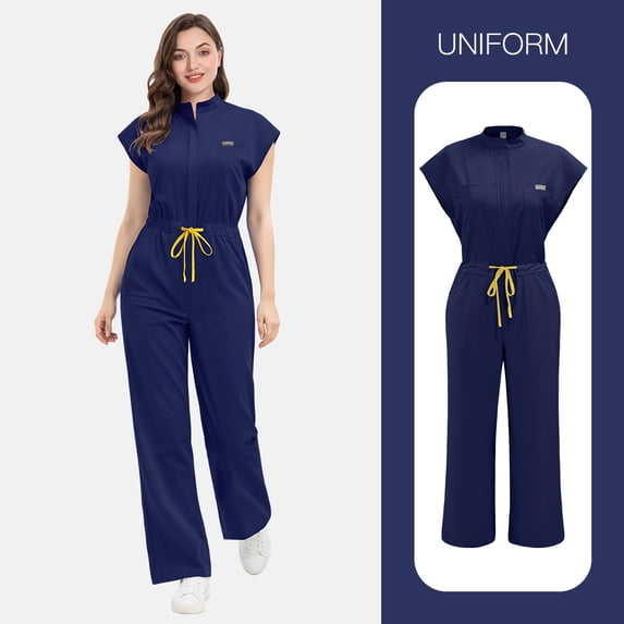 VIAOLI Women's Scrub Jumpsuit - Mandarin Collar & Adjustable Drawstring Waist, Comfortable Nursing Uniform