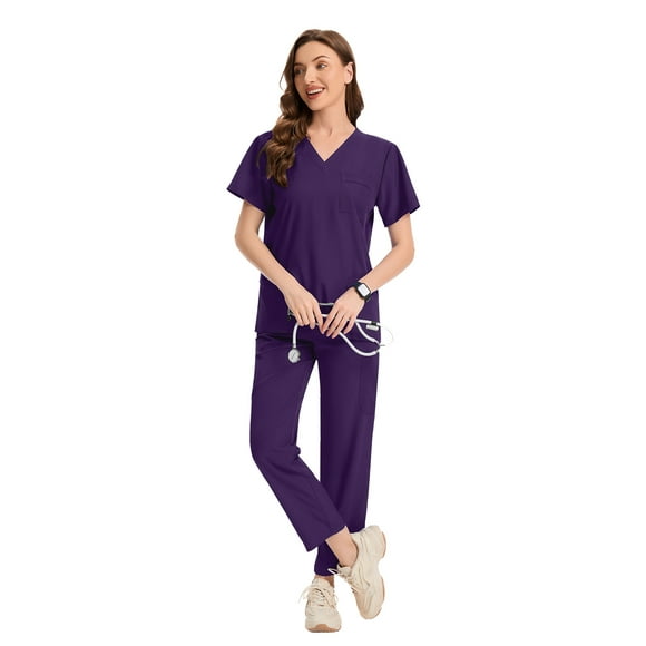 Women's Scrubs Set - Soft Stretch Medical Uniform Top & Pants for Nurses, Multi-Pocket, V-Neck