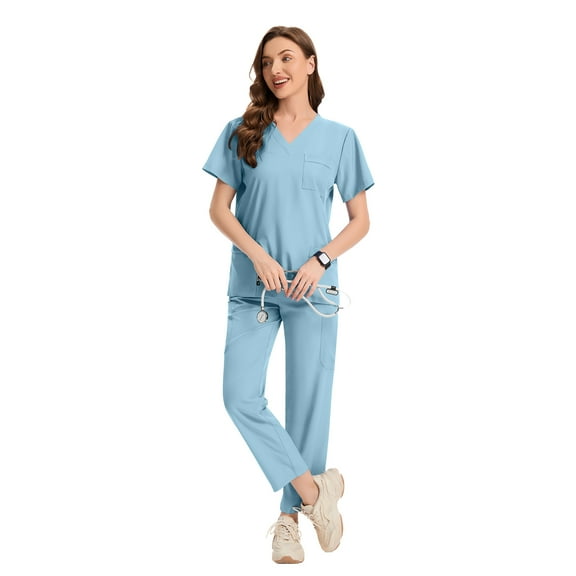 VIAOLI Women's Scrubs Set - Soft Stretch Medical Uniform Top & Pants for Nurses, Multi-Pocket, V-Neck