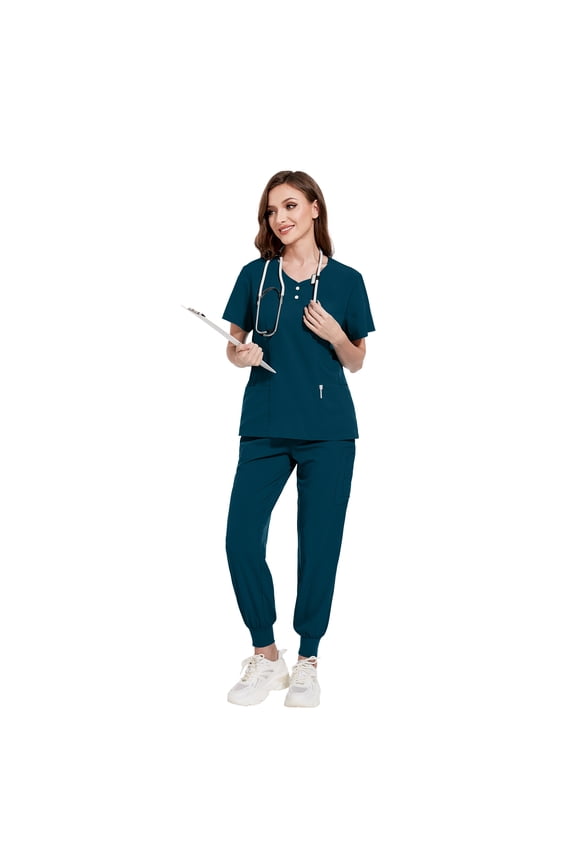 Women's Scrubs Set, Stretchy Medical Uniform with Pockets, Poly-Spandex for Nurse Uniform, S-XXL Multi Colors