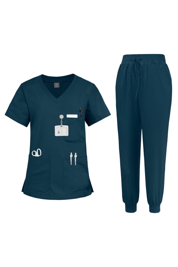 Women's Scrubs Set - V-Neck Top & Drawstring Jogger Scrub Pant for Nursing Uniforms, 9 colors