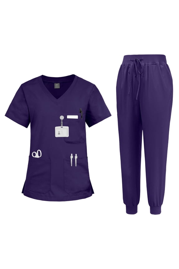 Women's Scrubs Set - V-Neck Top & Drawstring Jogger Scrub Pant for Nursing Uniforms, 9 colors