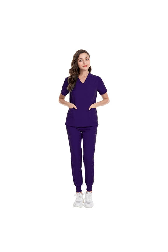 Women's Scrubs Set - V-Neck Top & Elastic Waist Pants, Stretchy Medical Uniform for Nursing & Doctors, Multi Colors & Sizes