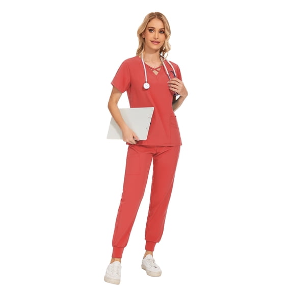 VIAOLI Womens Scrub Set - V-Neck Top and Elastic Waist Jogger Pants for Nursing Workwear, Multiple Colors, Sizes S-XXL