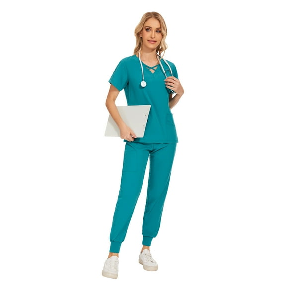 VIAOLI Womens Scrub Set - V-Neck Top and Elastic Waist Jogger Pants for Nursing Workwear, Multiple Colors, Sizes S-XXL