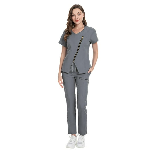 VIAOLI Zipper Scrubs for Women Set Work Utility Modern Nursing Uniform Athletic Healthy Beauty Wear Elastic Suit 8 Pockt