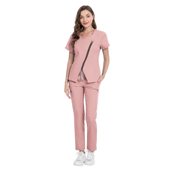 VIAOLI Zipper Scrubs for Women Set Work Utility Modern Nursing Uniform Athletic Healthy Beauty Wear Elastic Suit 8 Pockt