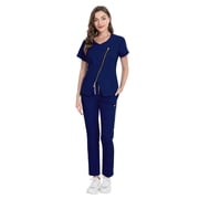 VIAOLI Zipper Scrubs for Women Set Work Utility Modern Nursing Uniform Athletic Healthy Beauty Wear Elastic Suit 8 Pockt