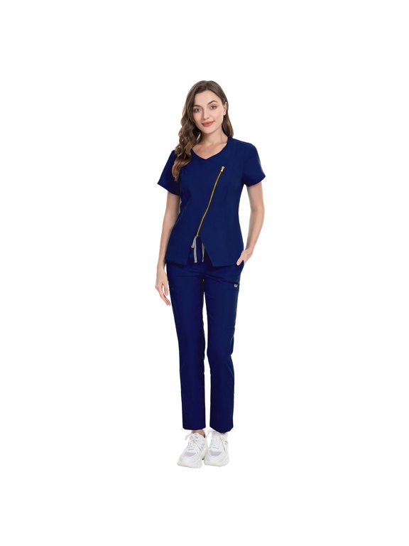 Zipper Scrubs for Women Set Work Utility Modern Nursing Uniform Athletic Healthy Beauty Wear Elastic Suit 8 Pockt