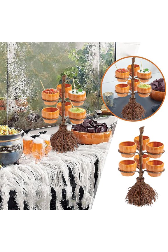 4pcs Halloween Decorations Indoor Fall Decor Halloween Pumpkin Snack Bowl Stand Collapsibles Candy Trays On Brooms For Serving Cupcakes And Desserts Party Decorations Gifts