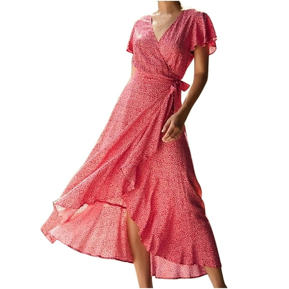 VIAVIOE Womens Summer Dresses 2022 Women's Summer Fashion V-neck Printed Short Sleeve Lace Up Long Dress