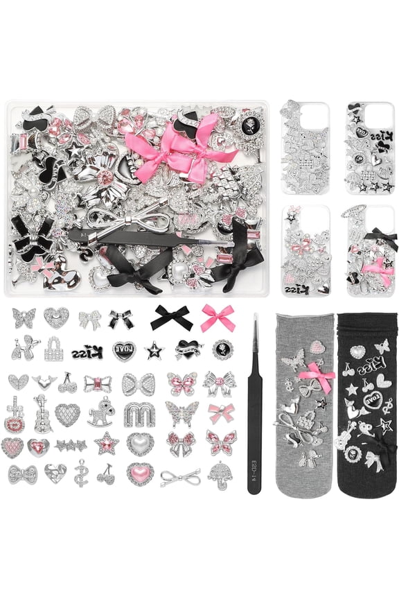 VIB 100 Pcs Bling Flat Back Junk Charm Kit for Junk Socks/Shoes/Phone Cases/Bracelets&DIY Accessories,Including Silver and Pink Bows/Hearts/Stars/Rhinestone Charms,Great Christmas Gift Idea for Girls