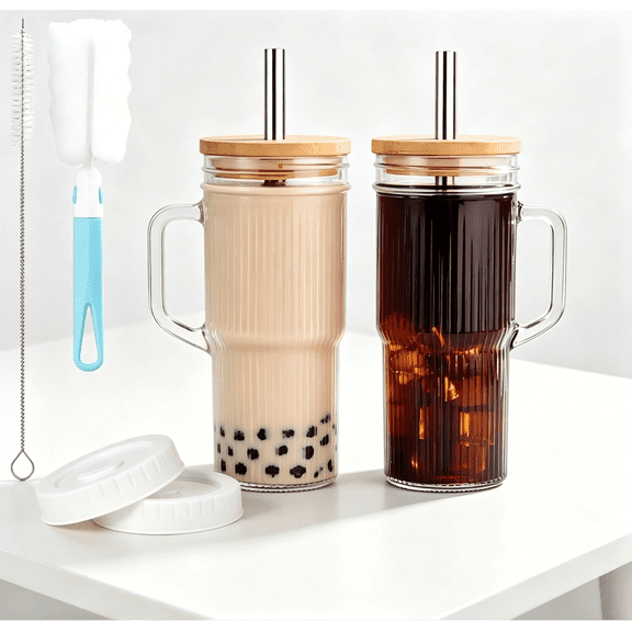 VIB 24oz Ribbed Glass Tumbler with Handle, Glass Cups with Straw and Lid, Stainless Steel Straws & Cleaning Brushes, Iced Coffee Cup for Smoothies, Tea, and Gifts, Set of 2