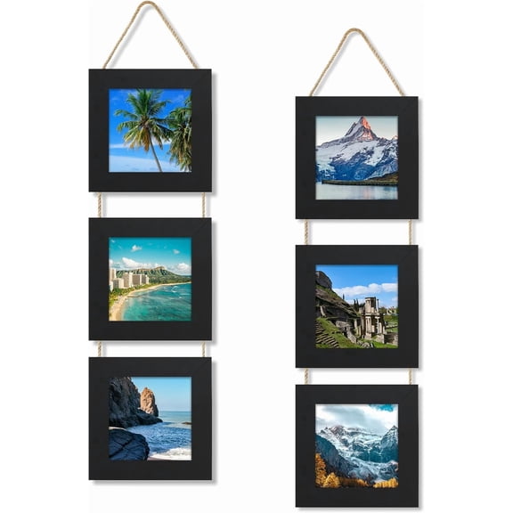 VIB 4x4 Collage Picture Frames Set of 2, Rustic Wooden Real Glass Vertical Hanging 3 Opening 4 by 4 Photo Frame, Black