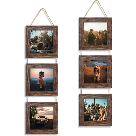 VIB 5x5 Collage Picture Frames Set of 2, Rustic Wooden Real Glass Vertical Hanging 3 Opening 5 by 5 Photo Frame, Distressed Brown