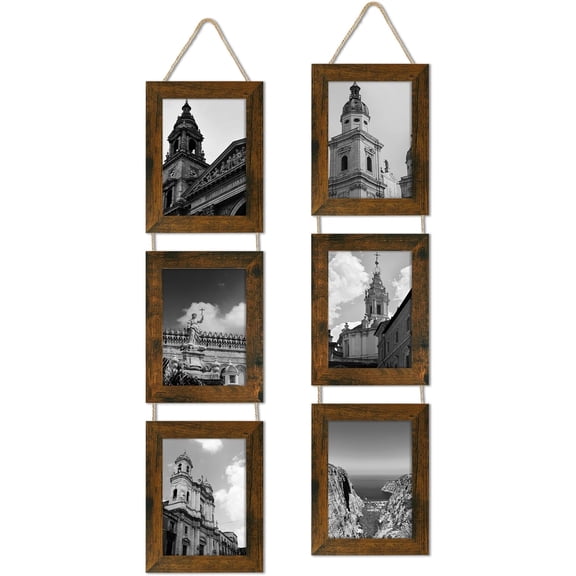VIB 5x7 Collage Picture Frames Set of 2, Rustic Wooden Real Glass Vertical Hanging 3 Opening 5 by 7 Photo Frame, Brown
