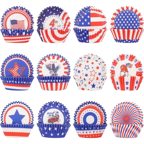 VIB 600 Pack 4th of July Cupcake Liners – Patriotic Red White Blue Baking Cups, Standard Size Muffin Wrappers for Independence Day Party, Cake & Candy Decorations(12 Styles)