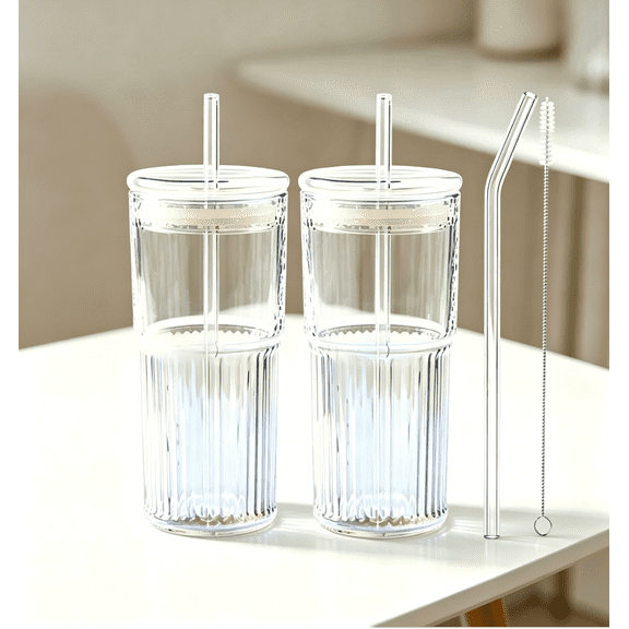 VIB Glass Cups Tumblers, 20 OZ Multi Iced Coffee Glasses, with Lids and Straws, Set of 2 for Ice Water, Juice, Tea, Milk, Smoothie and Cold or Hot Drinks