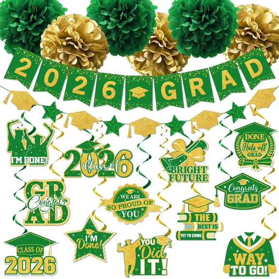 VIB Graduation Decorations, Graduation Banner, Hanging Swirl, College Graduation Party Decorations 2026, Class of 2026 Congrats Grad Green and Gold