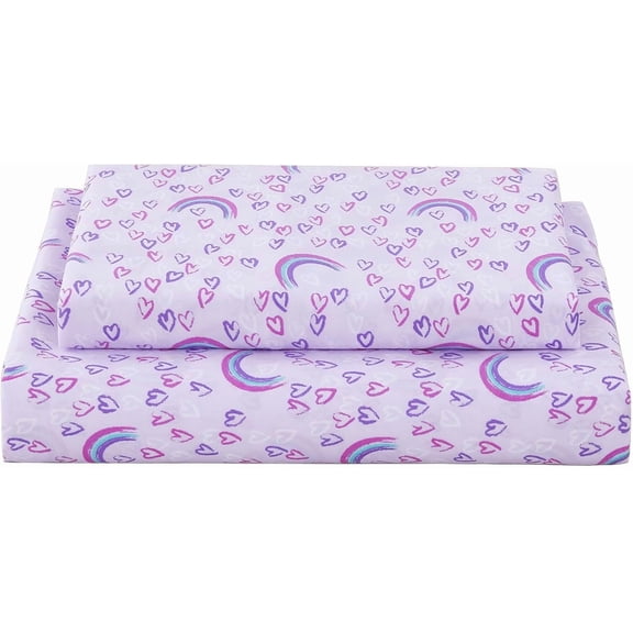 VIB Kids Bed Sheet Set, 3-Piece Twin Sheets Set, Microfiber Fitted Sheet with 15 Inches Deep Pocket and Corner Straps, Breathable & Silky Soft Purple Love Rainbow Pattern Sheet and Pillowcase Sets