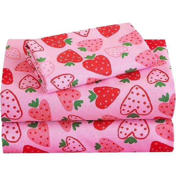 VIB Kids Bed Sheet Set, 3-Piece Twin Sheets Set, Microfiber Fitted Sheet with Corner Straps, Breathable & Silky Soft Pink Heart Strawberry Pattern Sheet and Pillowcase Sets