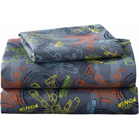VIB Kids Bed Sheet Set, 4-Piece Full Size Sheets, Microfiber Fitted Sheet with 15 Inches Deep Pocket and Corner Straps, Breathable & Silky Soft Linear Robot Printed Sheet and Pillowcase Sets