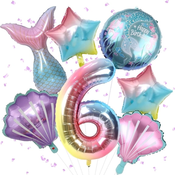 VIB Mermaid 6th Birthday Decorations, 8Pcs Mermaid Party Decorations Balloons, 40 Inch Rainbow Number 6 Balloon, Large Helium Foil Mermaid Tail Balloon,Seashell Balloons for Girls' 6th Birthday Party