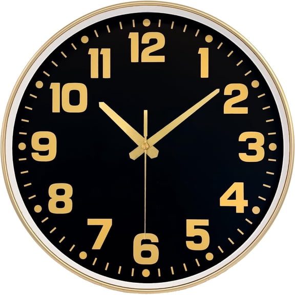VIB Modern Silent Wall Clock, 10inch Non-Ticking Analog Battery Operated Clock with Large Easy-to-Read Number Tempered Glass Decorative Wall Clocks for Living Room Bedroom Kitchen Gym, Black Gold