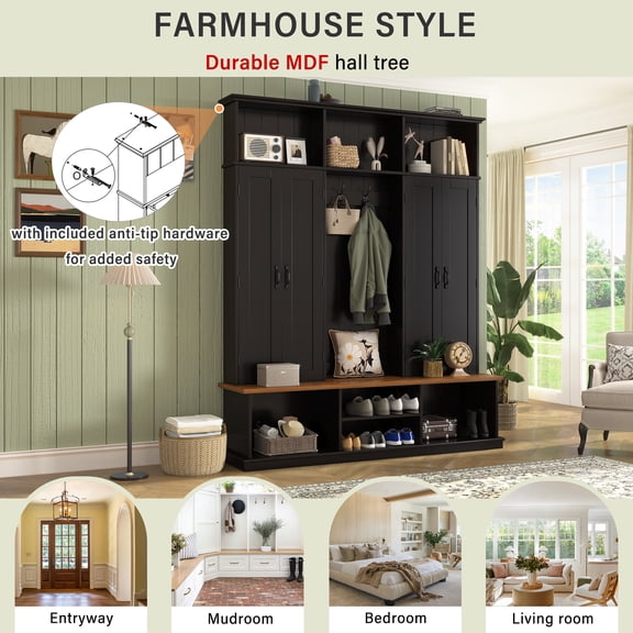 VIBE HAUS 62.2''W Entryway Hall Tree with Bench, 3 Top Cubbies & Bottom Storage Space, Farmhouse Coat Rack with Hooks & Cabinets for Entryway, Hallway, Mudroom, Living Room